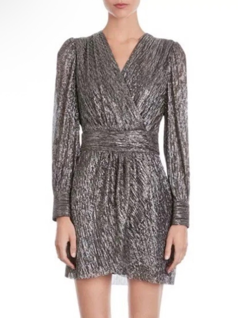 The Kooples Metallic Pleated Long-Sleeve Silver Black Dress NWT $415